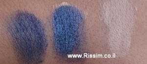 מימין לשמאל: פריימר לעפעפיים של סמאשבוקס, צללית כחולה של מינרז על הפריימר, צללית כחולה של מינרז ללא הפריימר