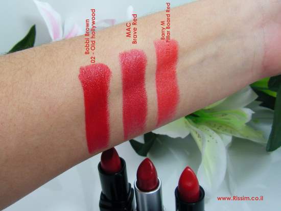 Red Lipsticks Bobbi Brown old hollywood, MAC Brave Red, Barry M Pillar Board Red swatches 1