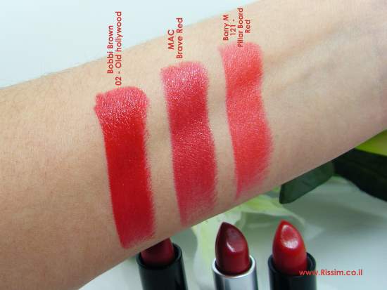 Bobbi Brown old hollywood, MAC Brave Red, Barry M Pillar Board Red