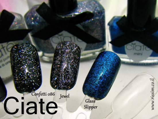 CIATE Confetti, jewel and Glass Slipper swatches over a black base