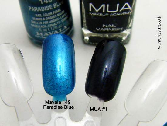 Mavala 149 Paradise Blue and MUA #1 swatches