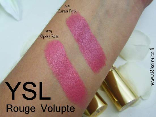 YSL Rouge Volupte #9 Caress Pink & #29 Opera Rose swatches
